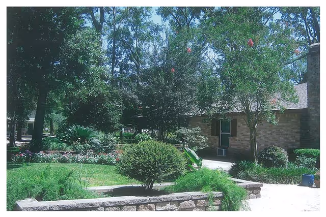 Outdoor garden with trees, shrubs, and a brick care home building.