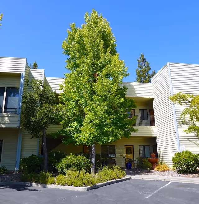 Two-story senior living facility exterior with trees, shrubs, and a parking lot.