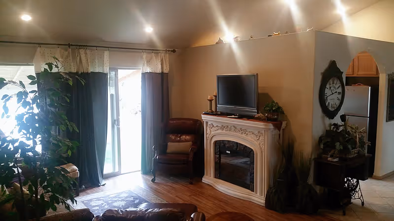 Living room with leather chair, large plant, fireplace with TV, arched doorway to kitchen.