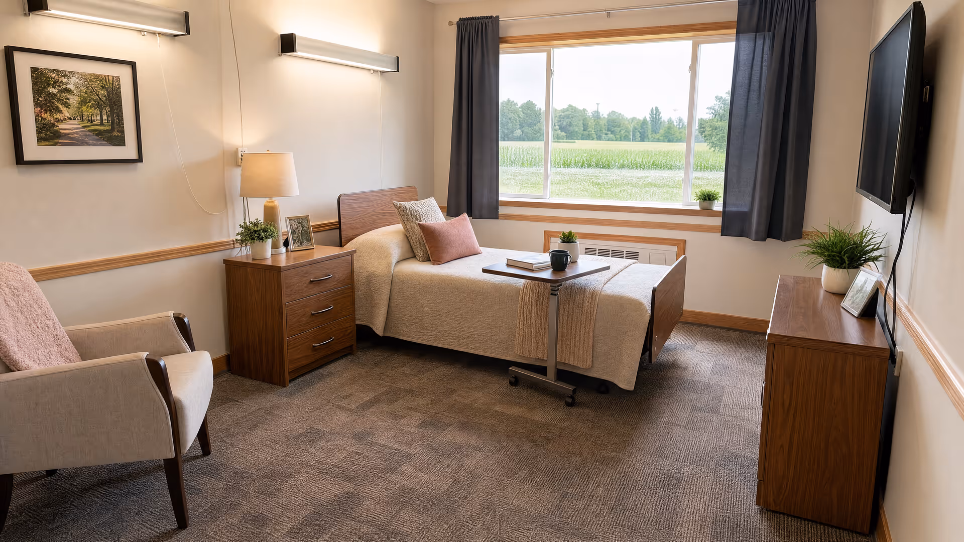Single-occupancy bedroom in a senior living facility with bed, nightstands, and window view.
