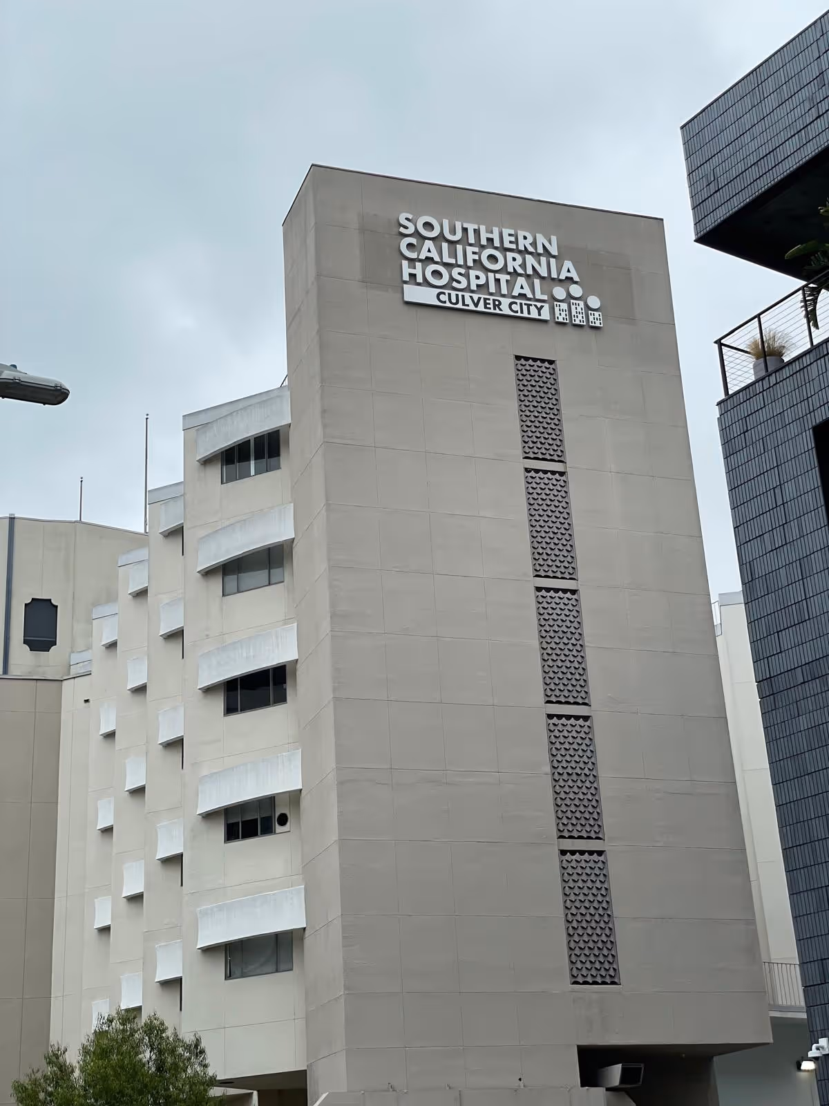 Tall beige hospital building with a sign reading Southern California Hospital, Culver City.