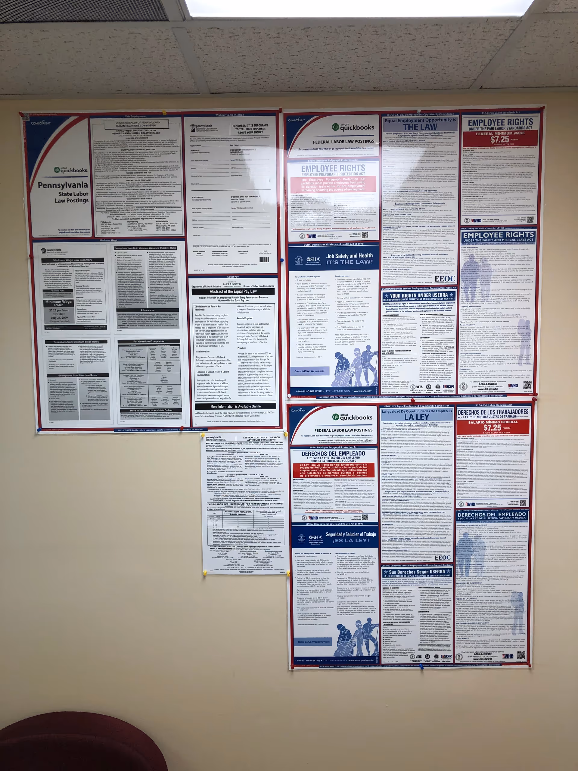 Interior wall with posted job notices and informational flyers in a senior care facility.