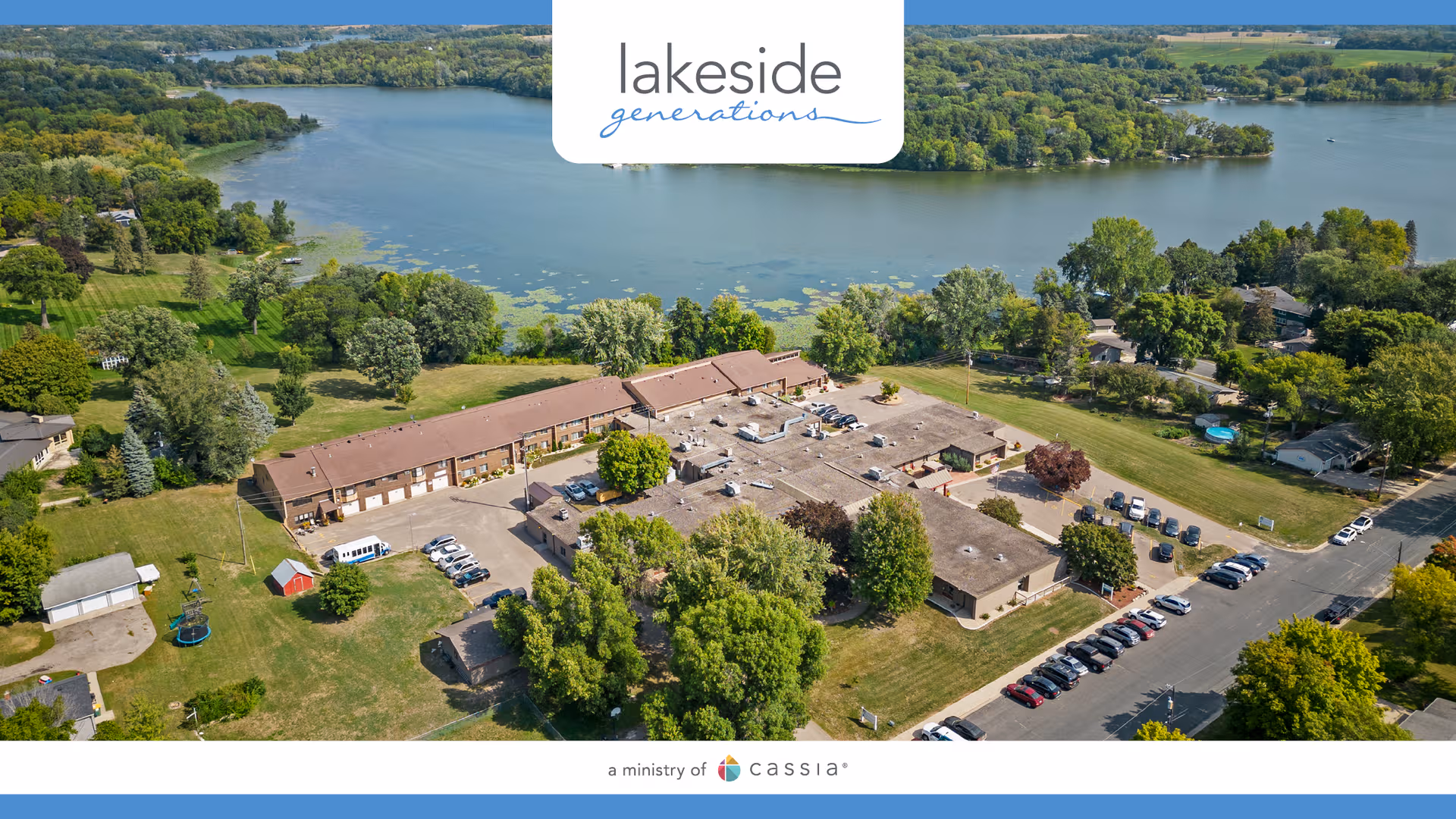 Aerial view of Lakeside Generations Health Care Center campus beside a lake.