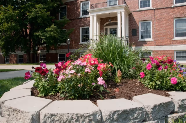 A raised flower bed of pink and purple blooms in front of a brick building entrance with white columns and windows.