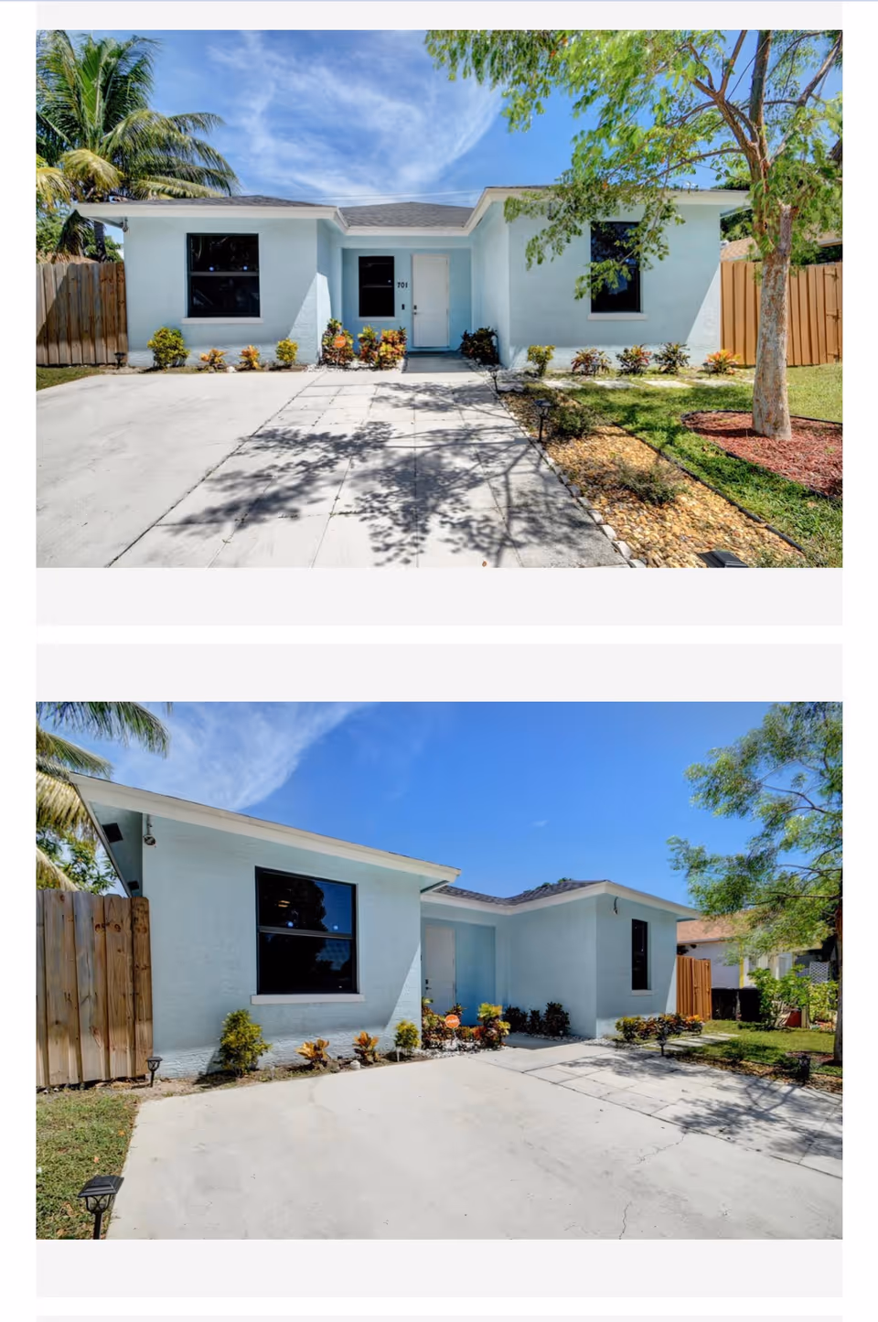 Two exterior views of a light-blue assisted living building with landscaping.
