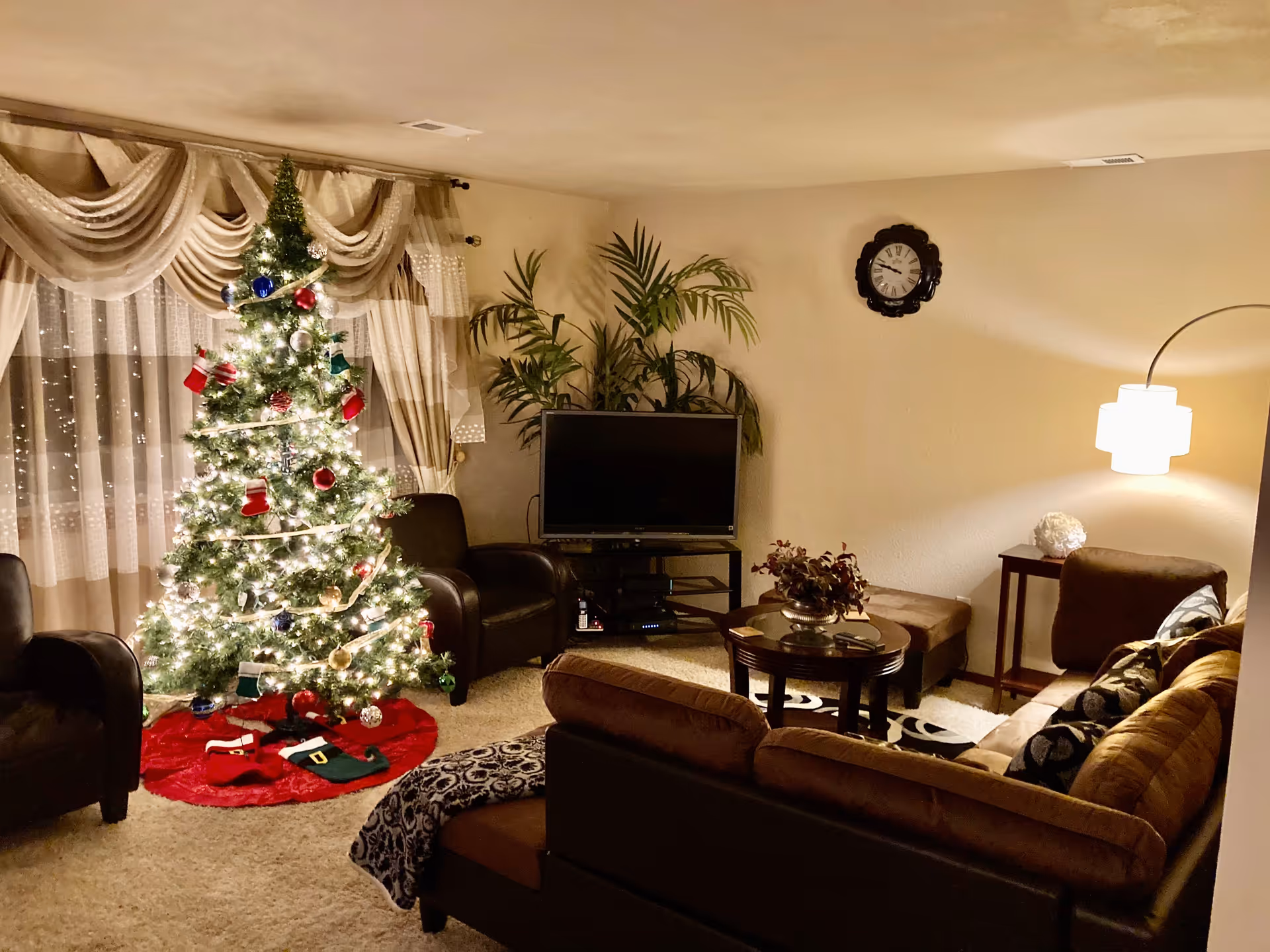 Decorated Christmas tree beside a seating area with TV and plants in a living room.