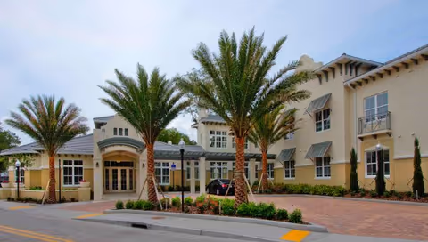 Exterior view of The Estate at Hyde Park showing a palm-lined driveway and entrance.