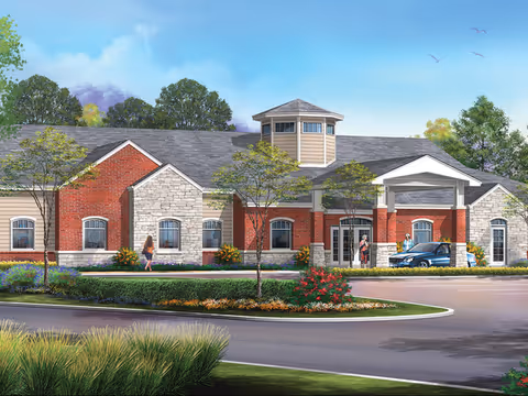 Front exterior rendering of The Timbers Assisted Living showing a single-story brick and stone building with a covered entrance, landscaping, driveway, and a few people near the entry.