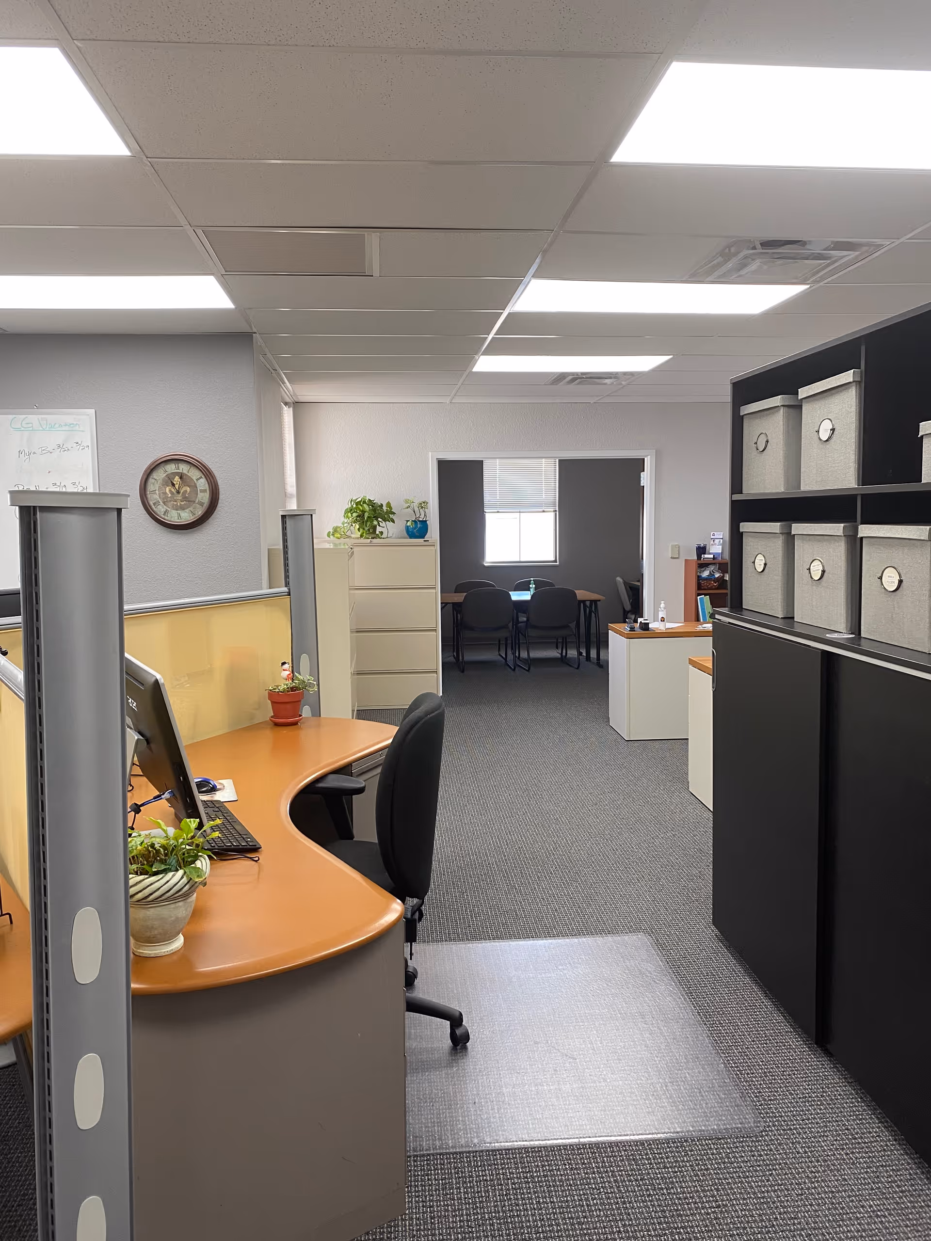 Office-like reception area with desks, plants, shelves, and a back room visible