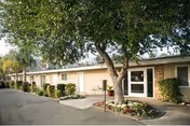 Exterior of Palm Terrace Care Center with a tree, shrubs, and front entrance.