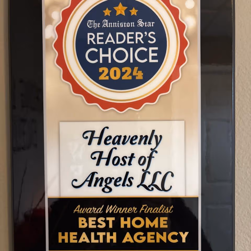Vertical wall sign showing Heavenly Host of Angels LLC award plaque and Reader's Choice logo.