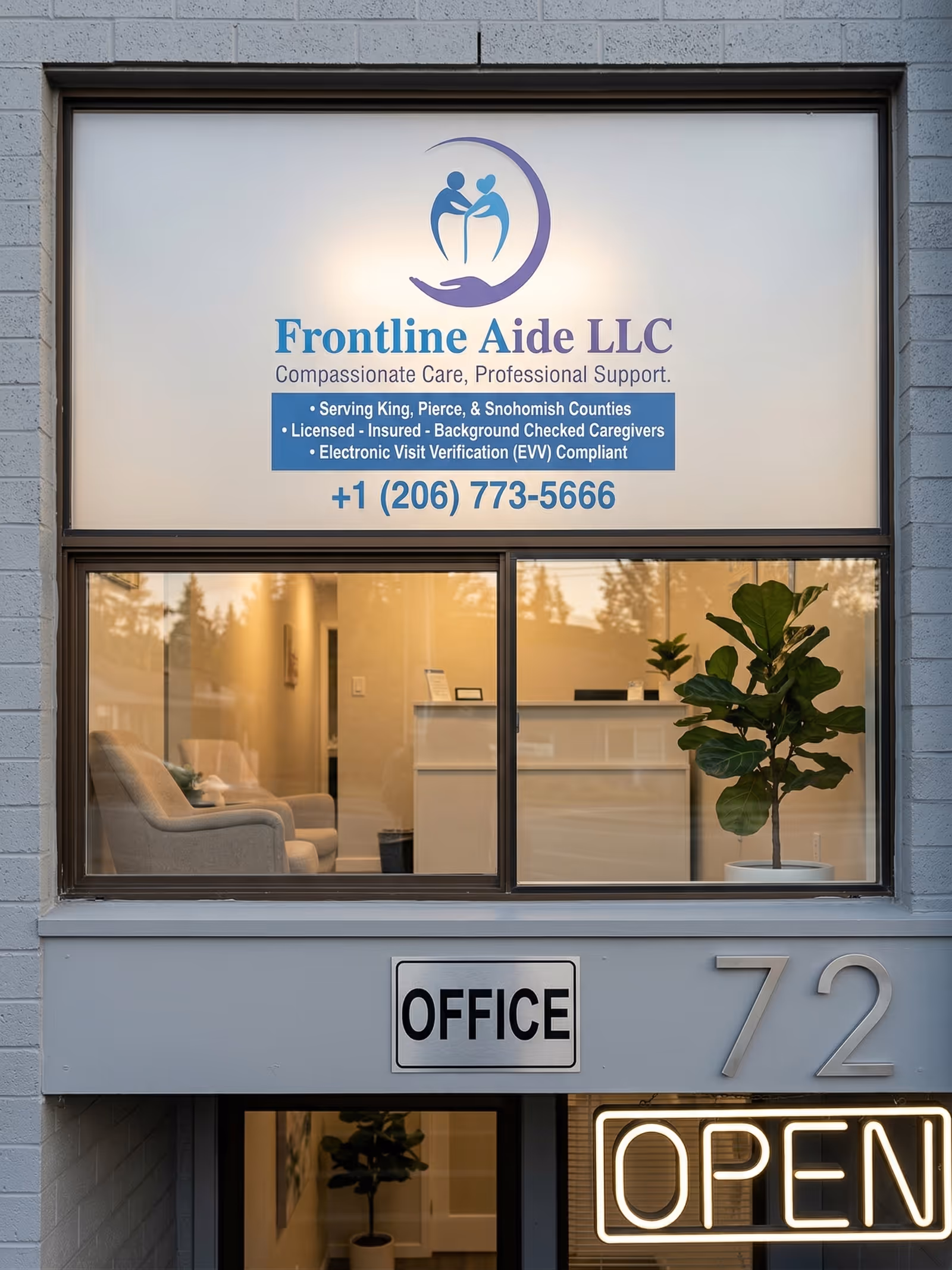 Facility front with Frontline Aide LLC sign and office entrance.