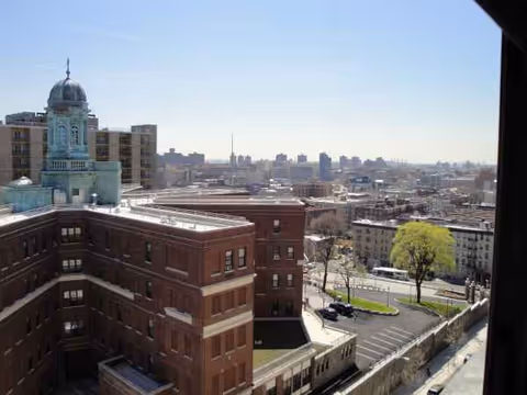 Window view of a city skyline with brick buildings and a green-domed structure.
