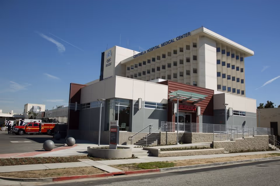 Exterior view of Centinela Hospital Medical Center with emergency entrance.