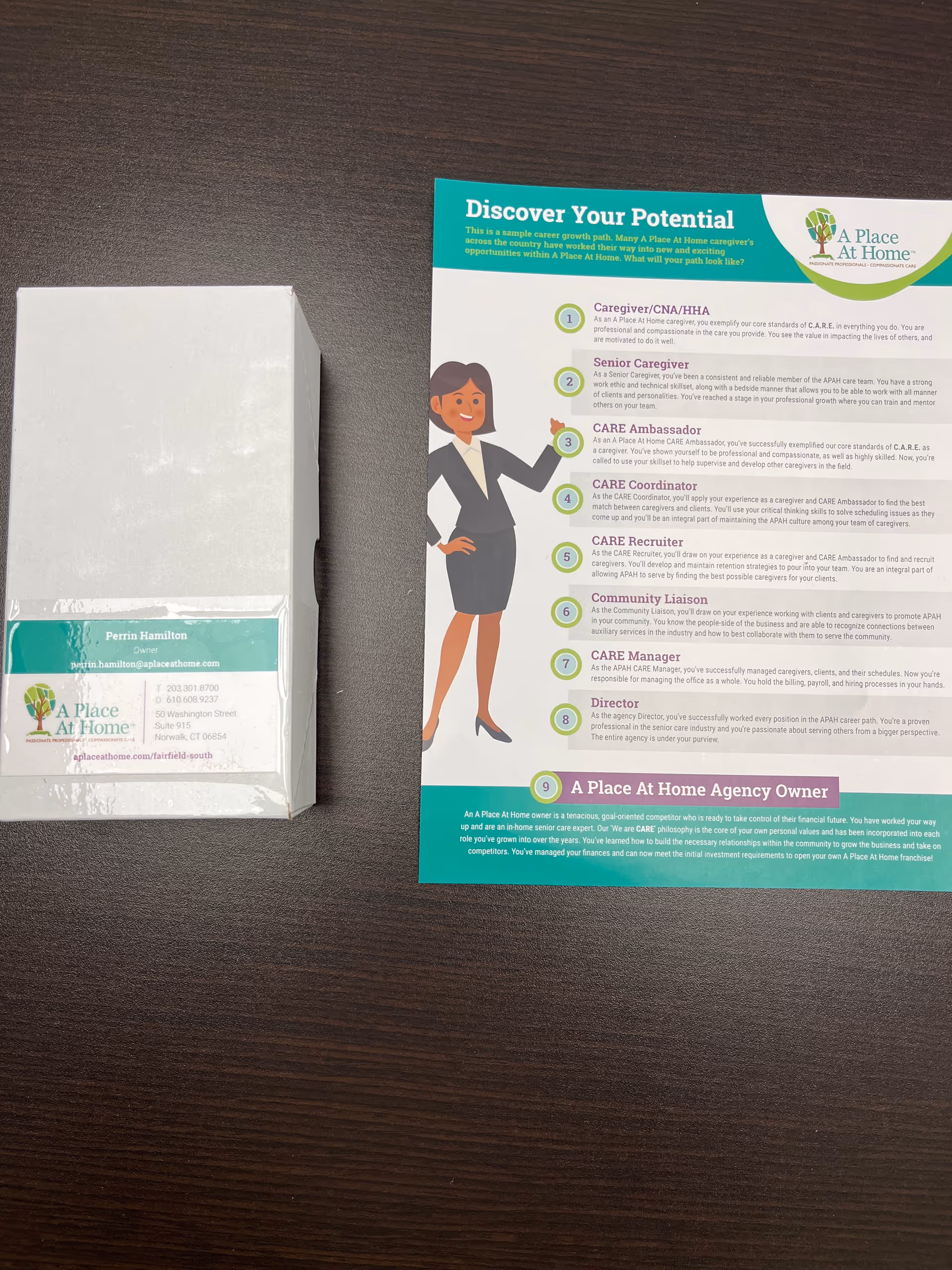 Indoor desk scene with A Place At Home brochure and a wrapped package.