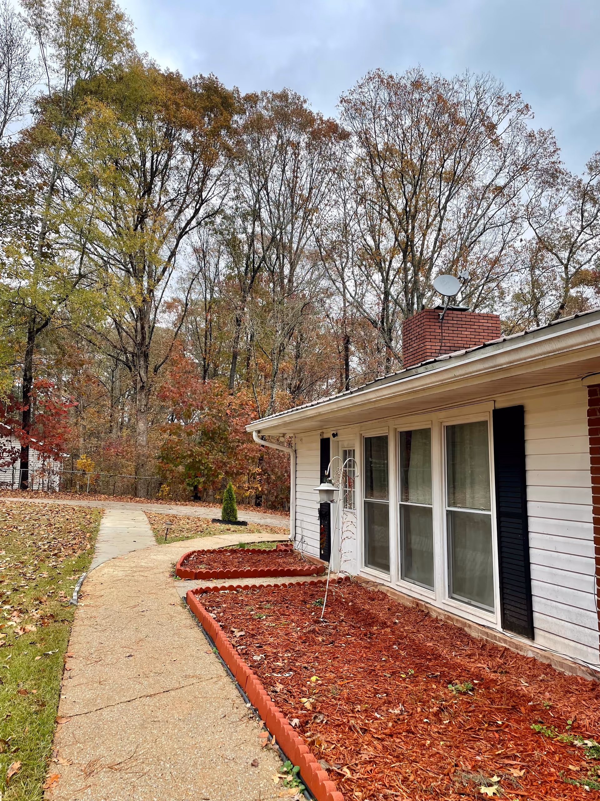 Front view of a single-story home with a walkway, mulch beds, and fall trees.
