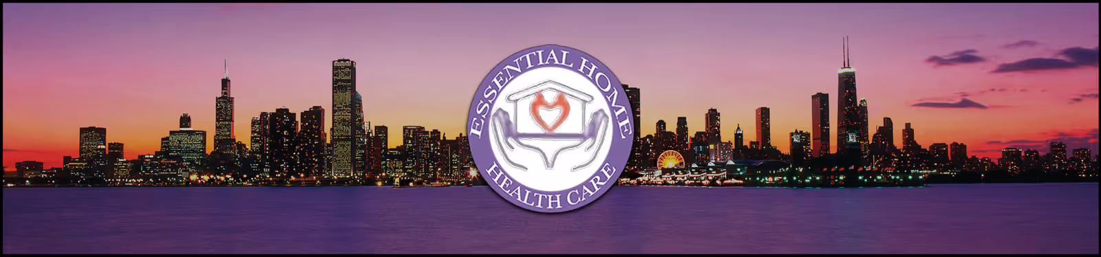 Sunset city skyline with a centered Essential Home Health Care logo.