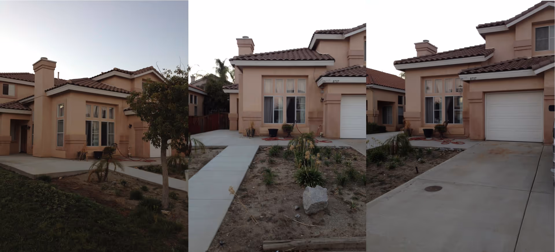 Exterior view of a beige stucco two-story house with a red tile roof, large windows, a garage door, a concrete driveway, and a small front yard with sparse vegetation and a tree.
