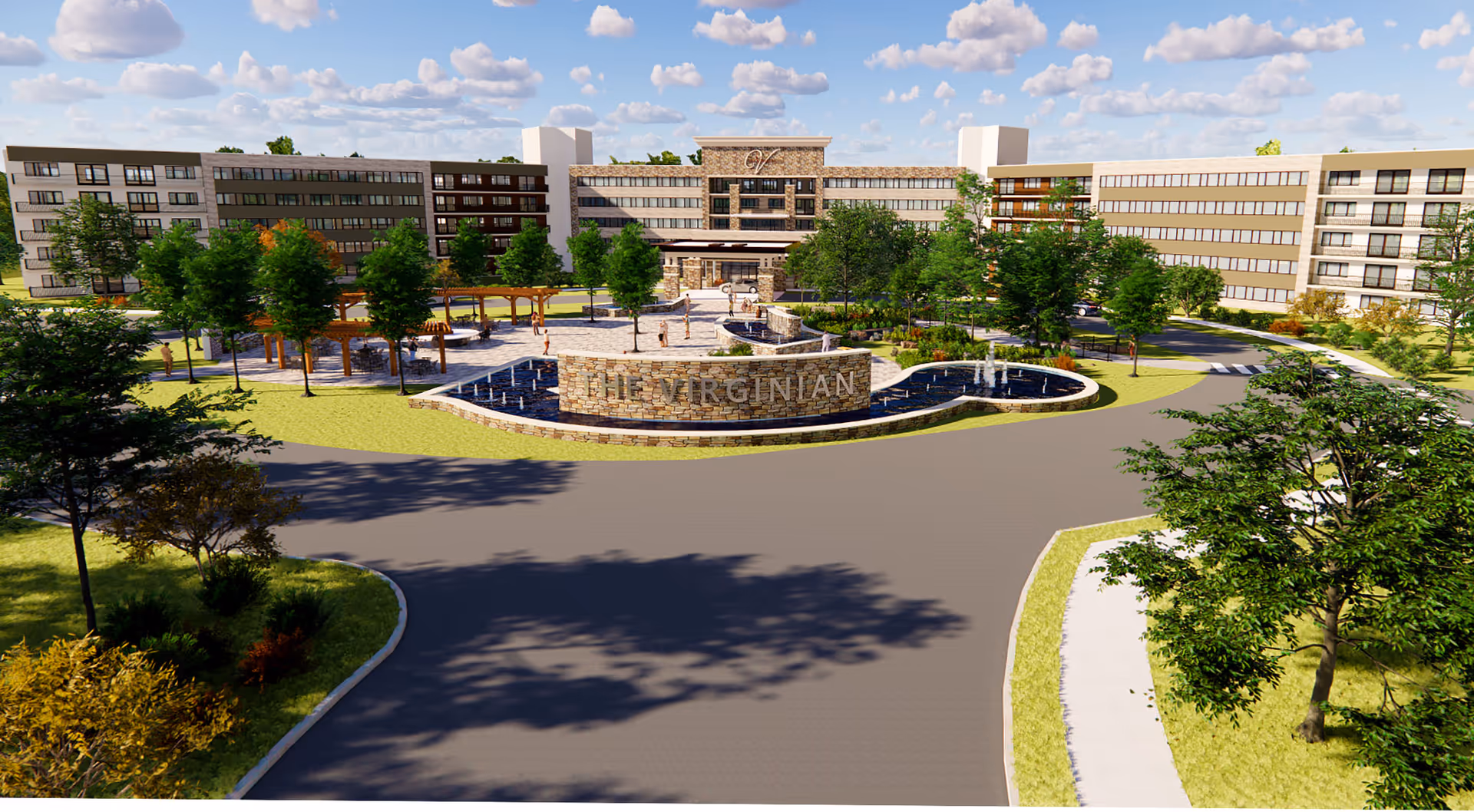 A modern senior living campus exterior with circular drive and central fountain sign.
