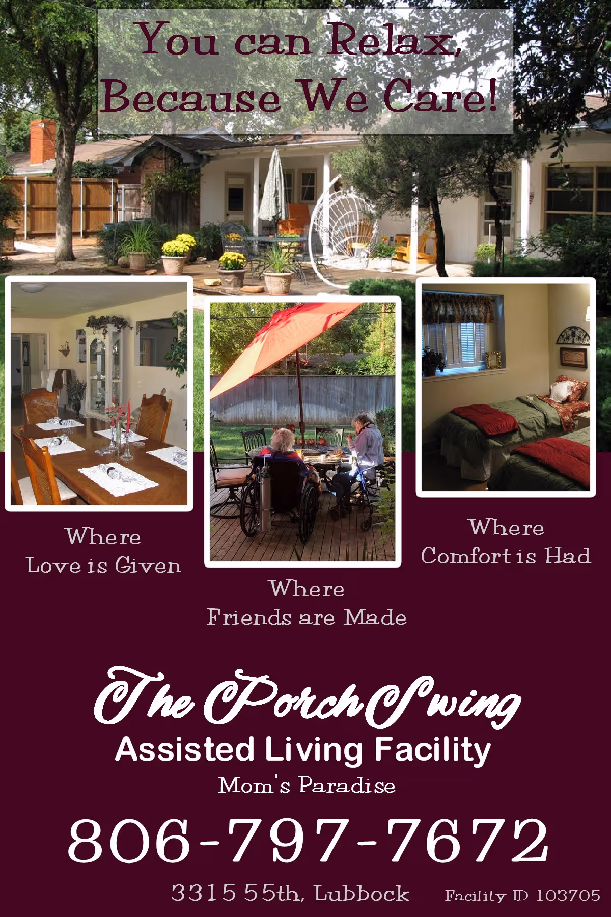 Collage of exterior porch, dining room, outdoor patio, and bedrooms at The Porch Swing facility