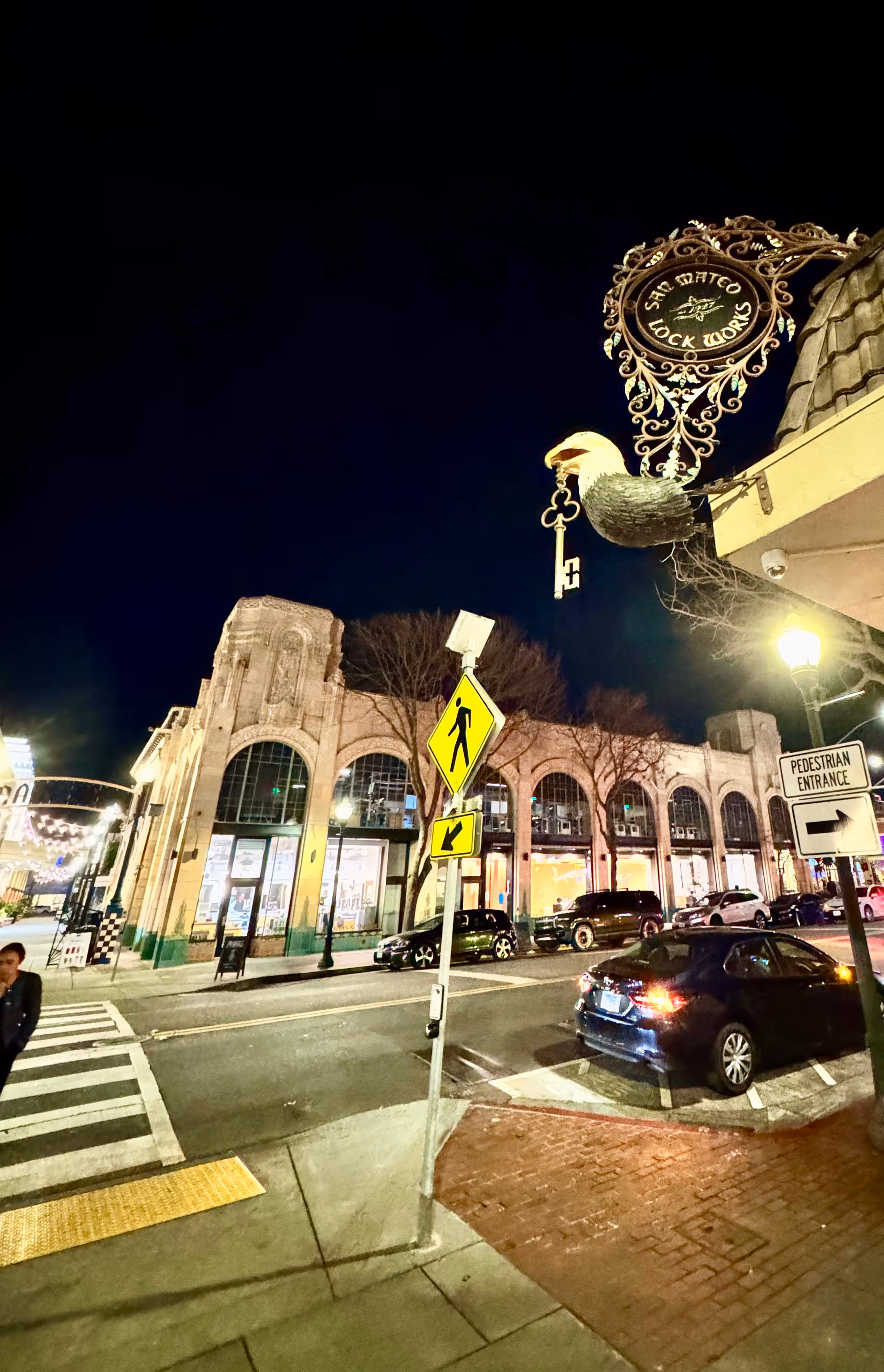 Night view of a city street with an ornate building, crosswalk, and parked cars.
