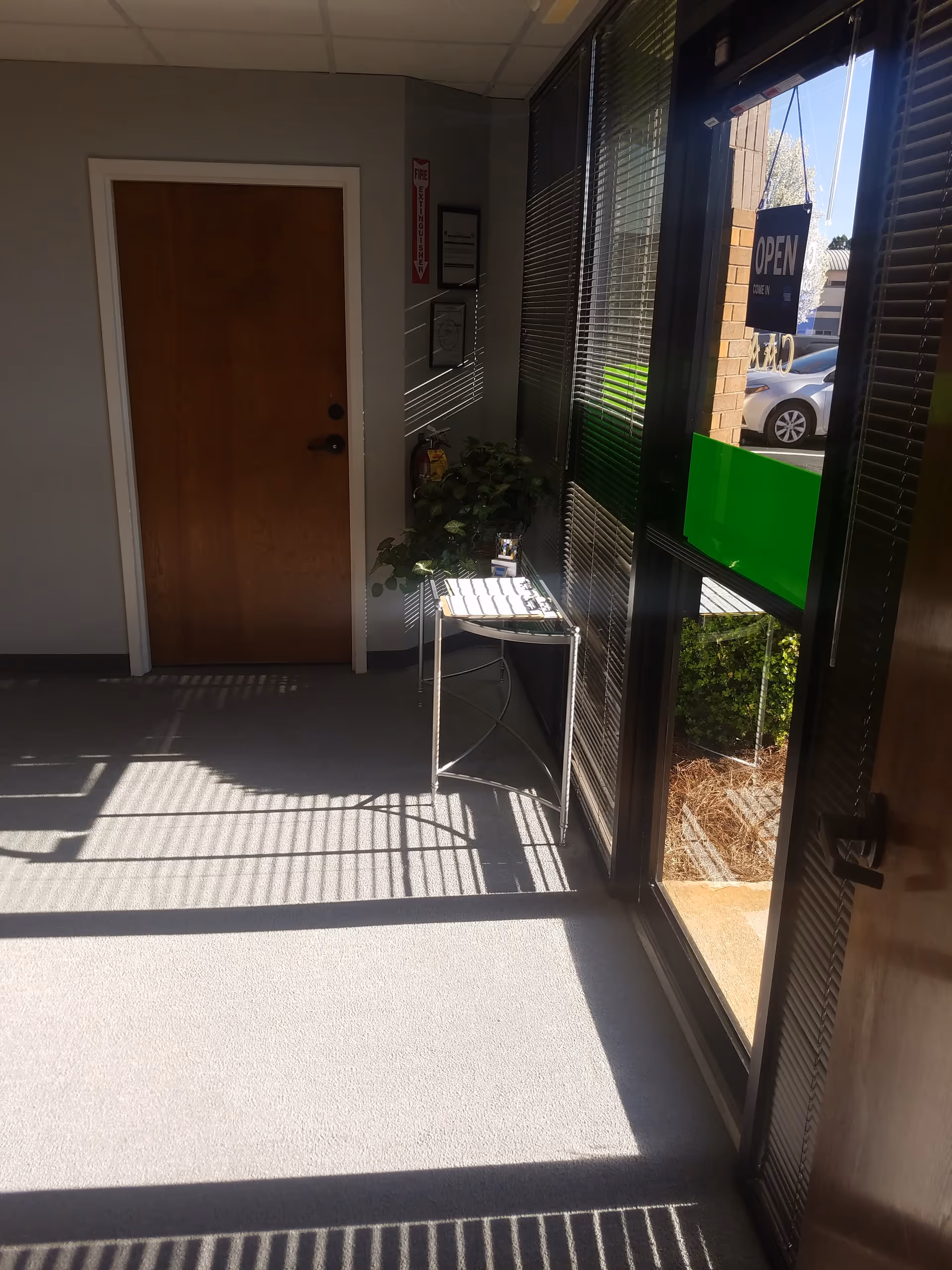 Interior hallway with a wooden door, glass entrance, and a small table hosting a plant.
