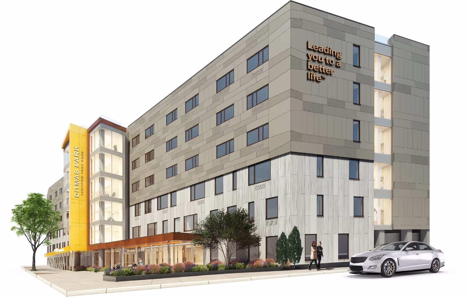 A modern nursing facility exterior with beige facade, glass entrance, and a parked car.