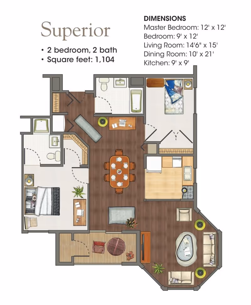 Floor plan illustration labeled 'Superior' showing a furnished 2-bedroom, 2-bath apartment layout with living, dining, kitchen areas and room dimensions.