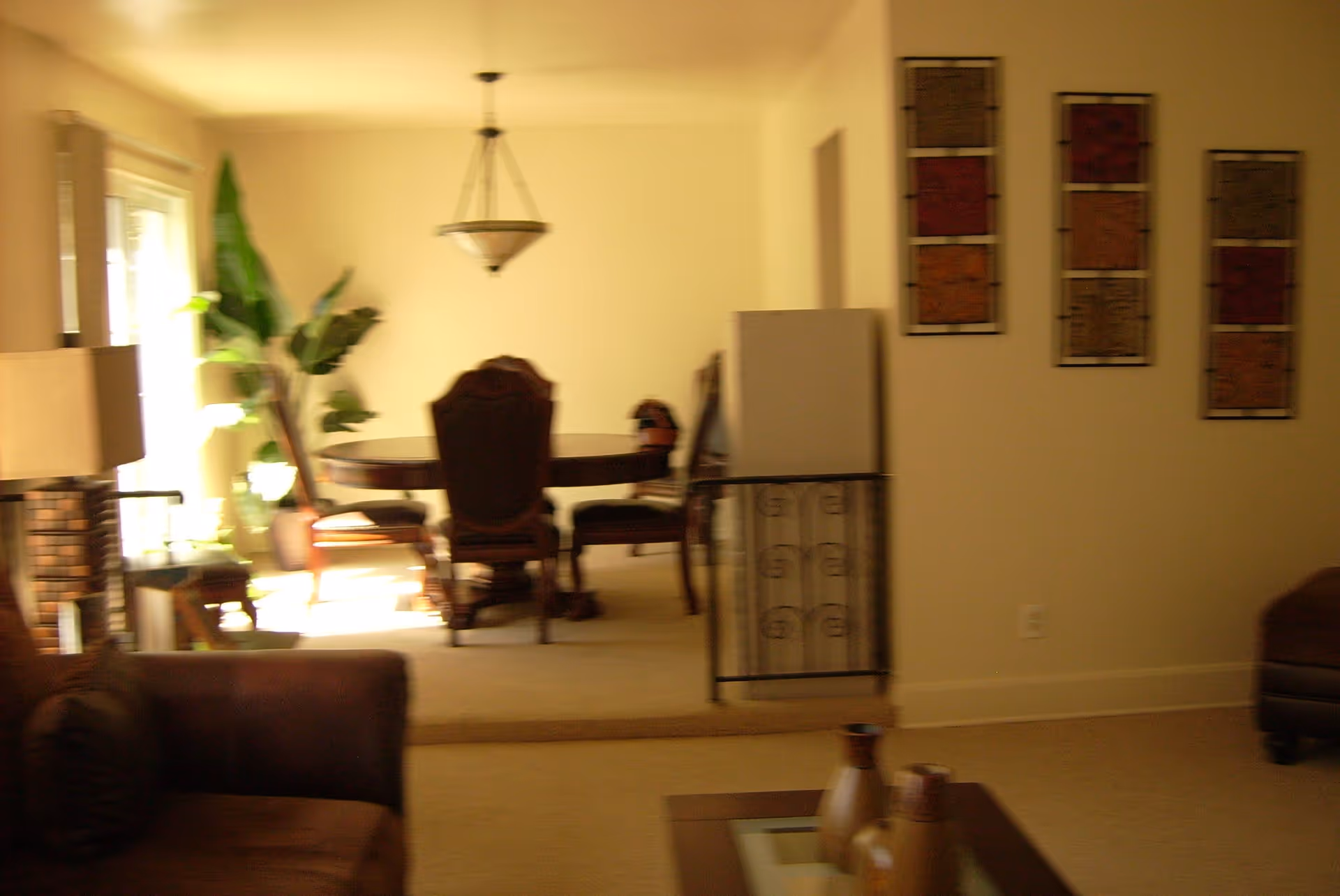 Interior view of a living and dining area with beige walls and carpet. The foreground shows a brown sofa and a glass coffee table with decorative vases. In the background, there is a round dining table with chairs, a hanging light fixture, a large green plant near a sliding glass door, and framed artwork on the wall.