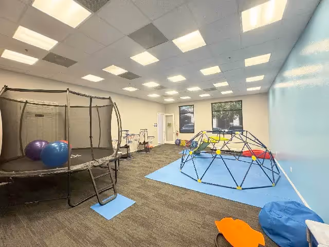 Indoor activity room with a large trampoline, a climbing dome, and play mats.