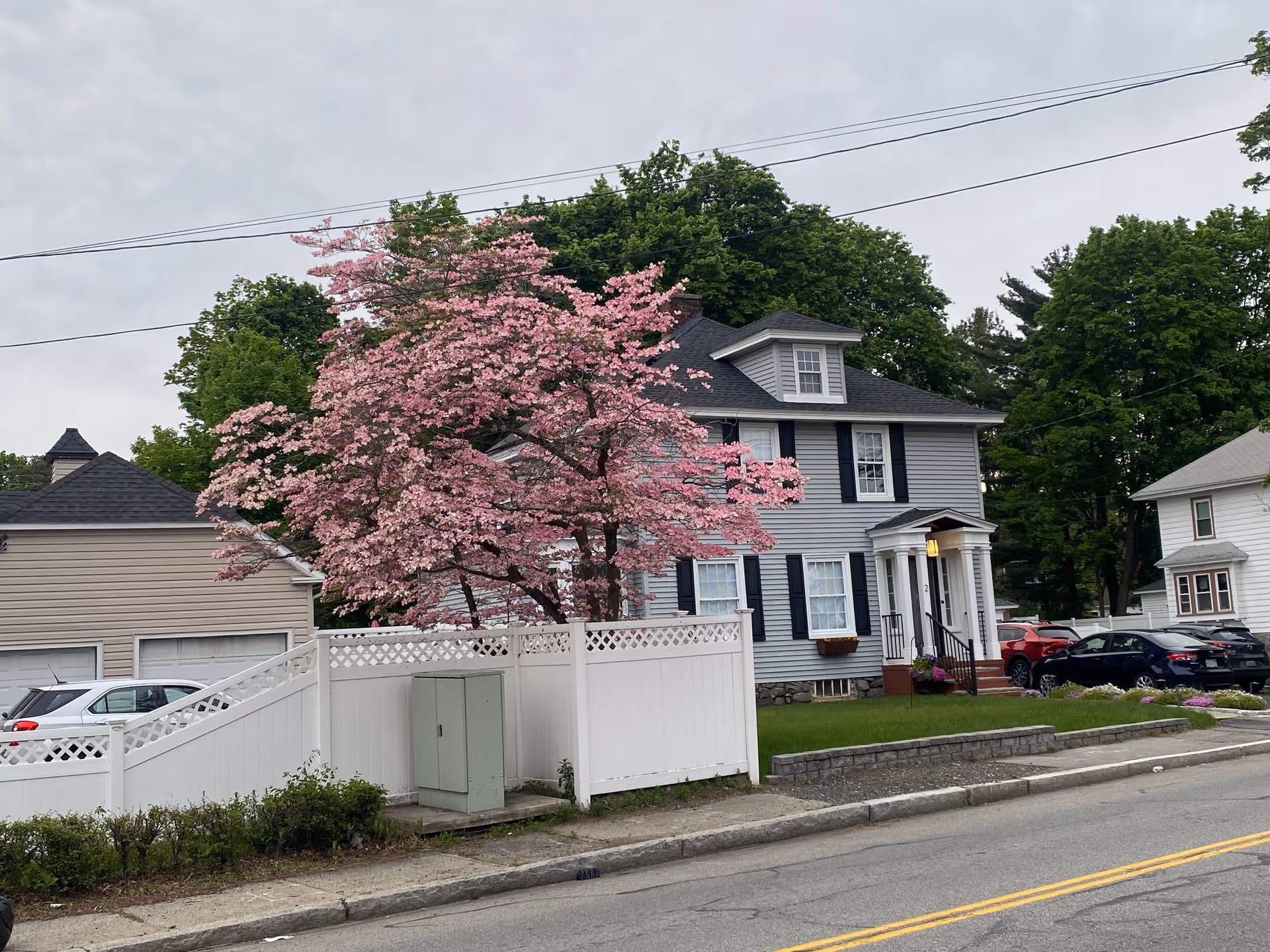 Two-story blue-gray house with a pink blossoming tree in front and a white fence.