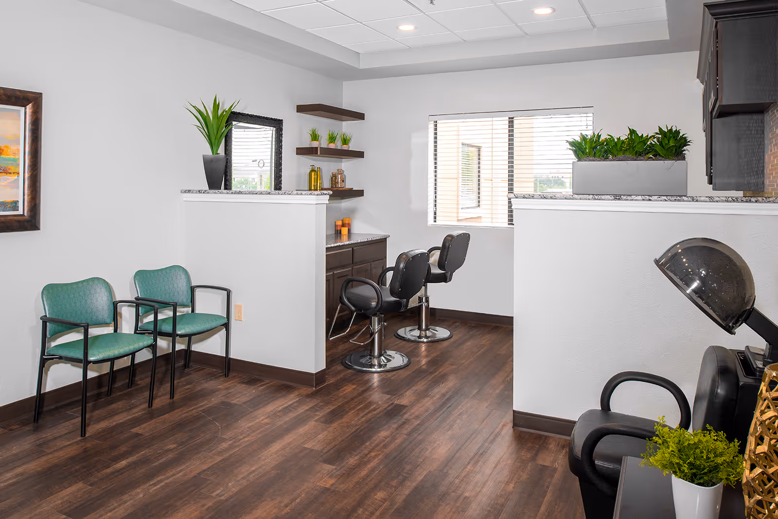 Modern in-facility hair salon with barber chairs, a counter, plants, and wood floors.