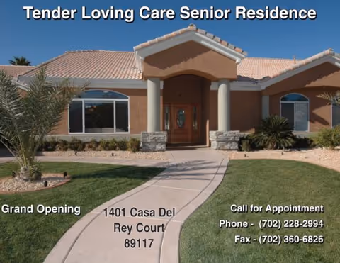 Front exterior of Tender Loving Care Senior Residence with walkway and landscaped lawn.