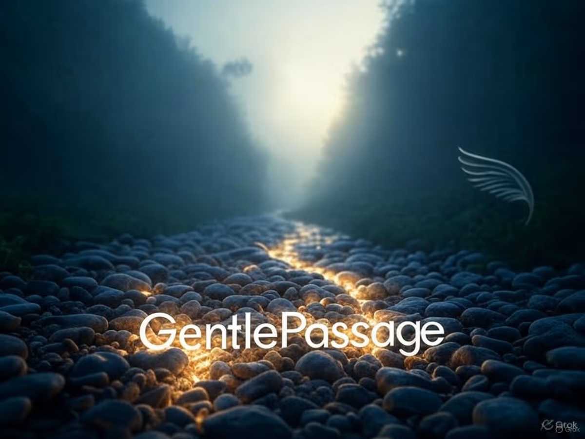 Pebble path through a forest glows toward light, featuring Gentle Passage branding.
