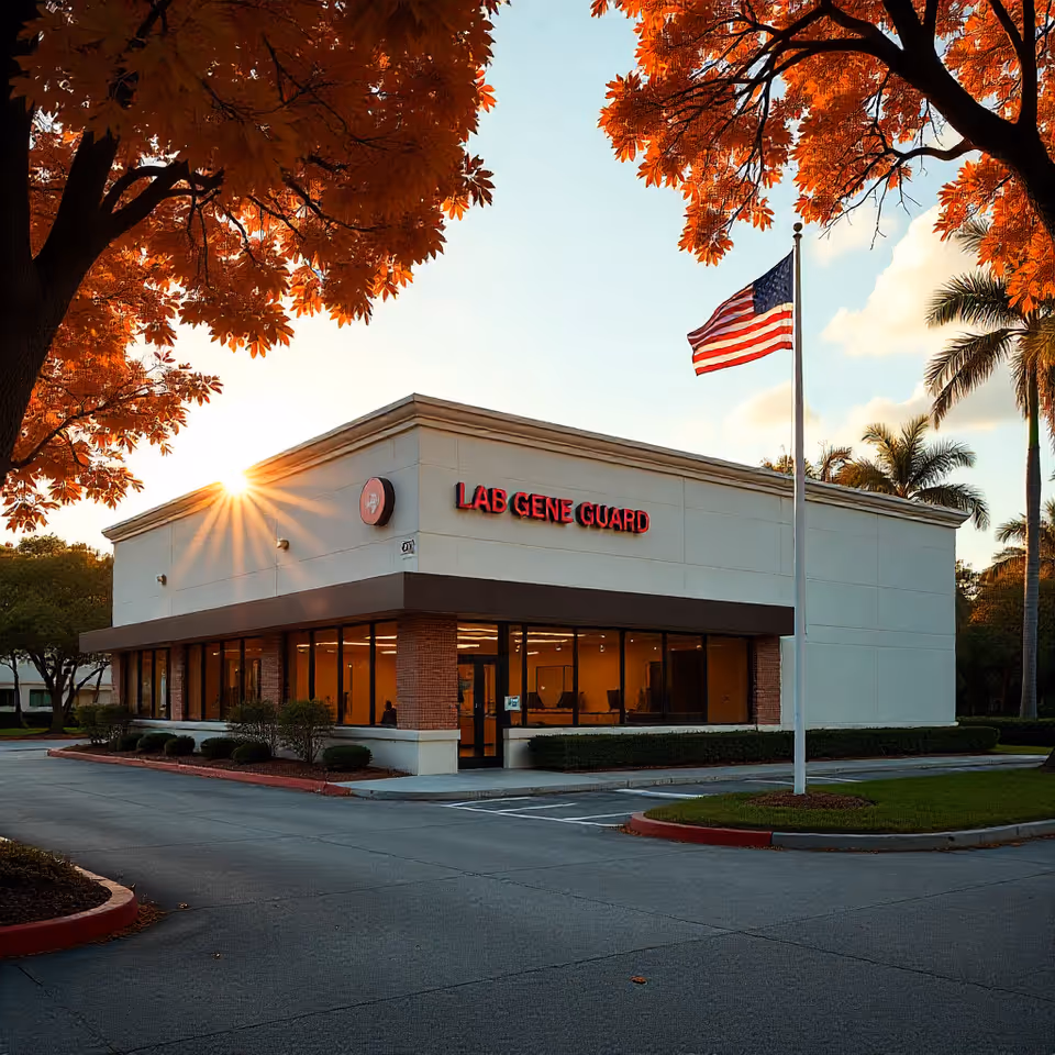 Exterior of LAB GENE GUARD building with red sign, flag, and autumn trees.