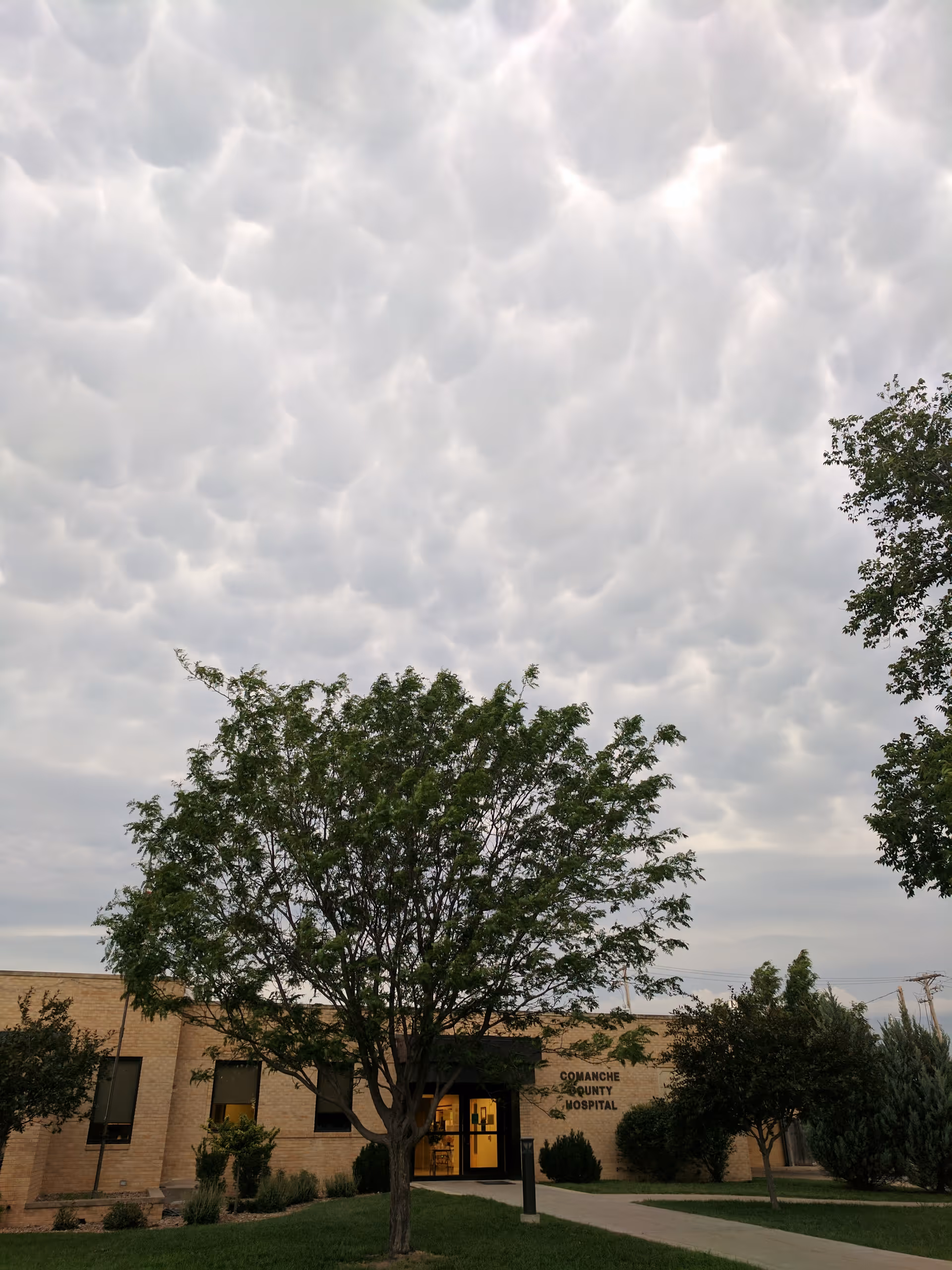 Exterior view of Comanche County Hospital entrance with trees and a cloudy sky.
