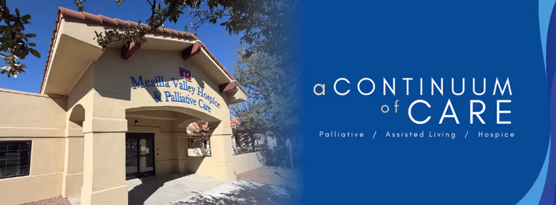 Exterior view of Mesilla Valley Hospice entrance with a blue Continuum of Care graphic.