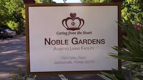 Outdoor sign for Noble Gardens Assisted Living Facility in Jacksonville.
