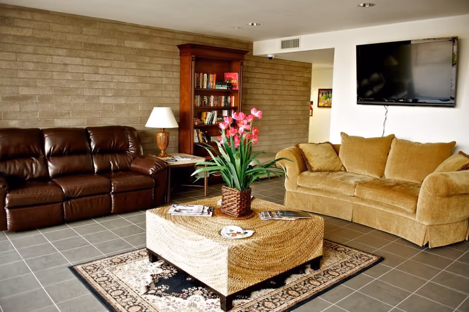 Lounge living room with brown leather sofa, beige couch, coffee table, TV, and bookshelf.