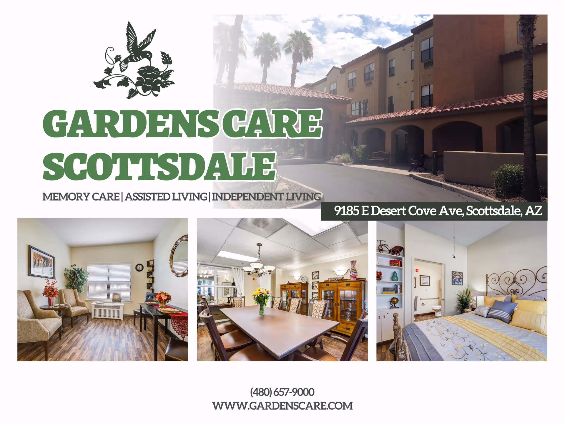 Exterior view of Gardens Care Scottsdale with palm trees and interior photos of living spaces.