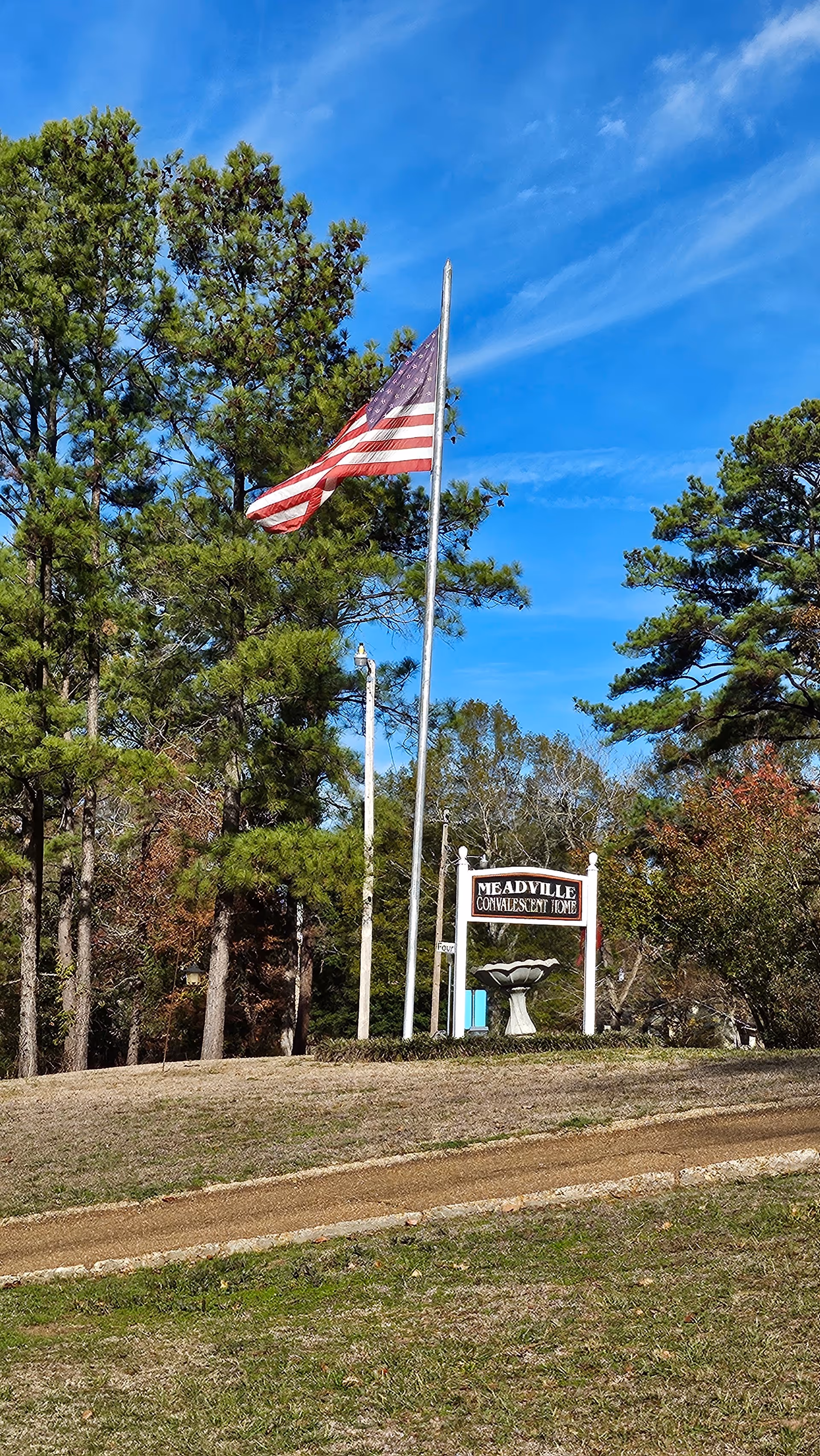 Flag flutters near Meadville Convalescent Home sign among trees under blue sky