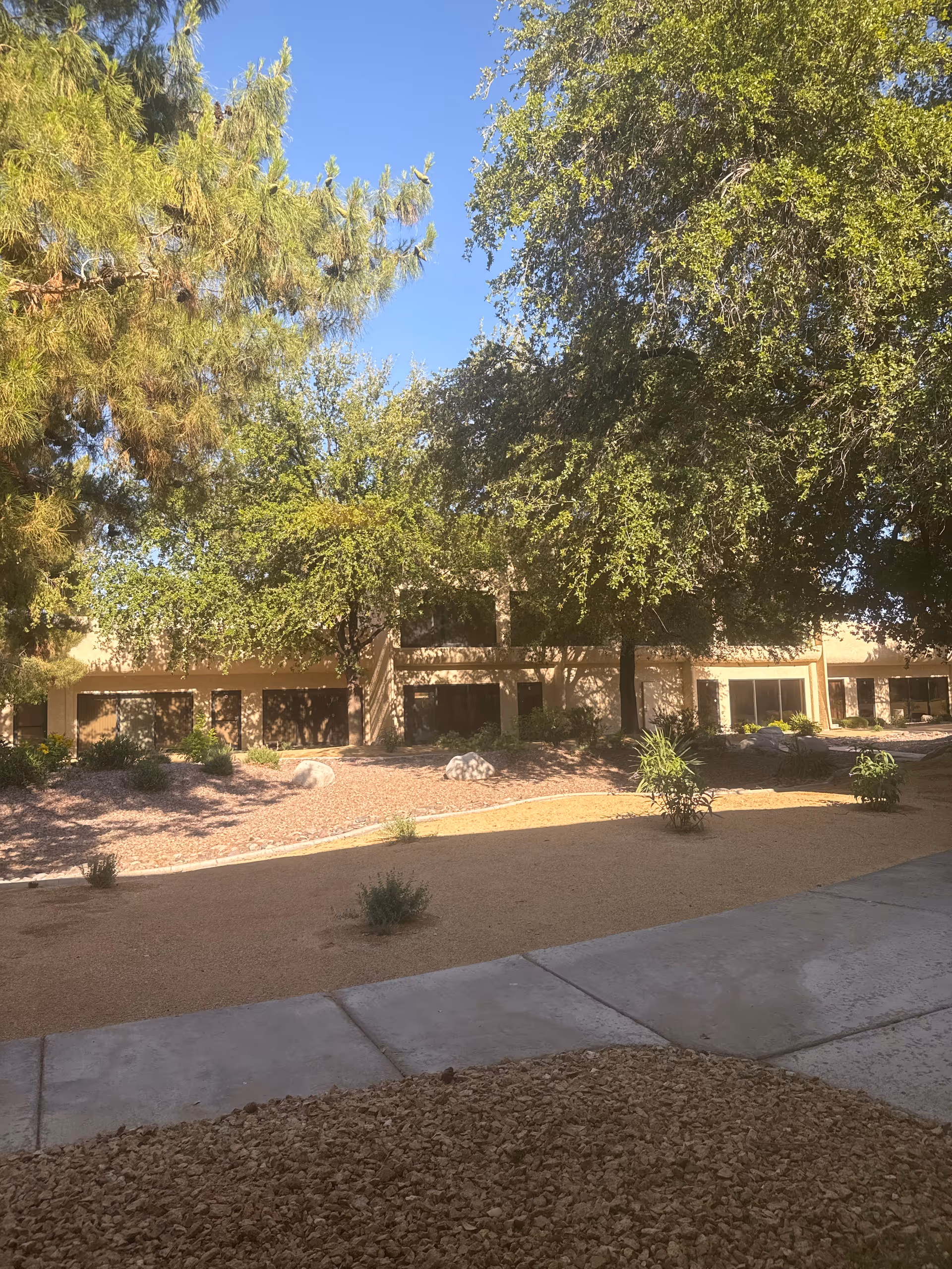 Exterior of a senior living facility with trees, desert landscaping, and walkways