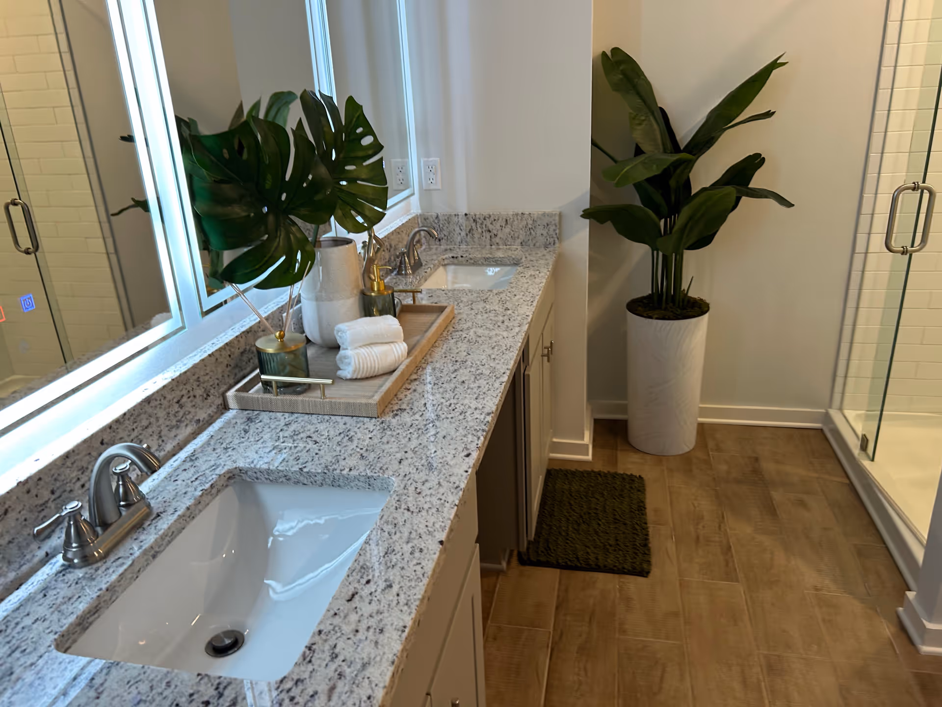 Modern bathroom with double sinks, granite countertop, large mirror, and potted plants.