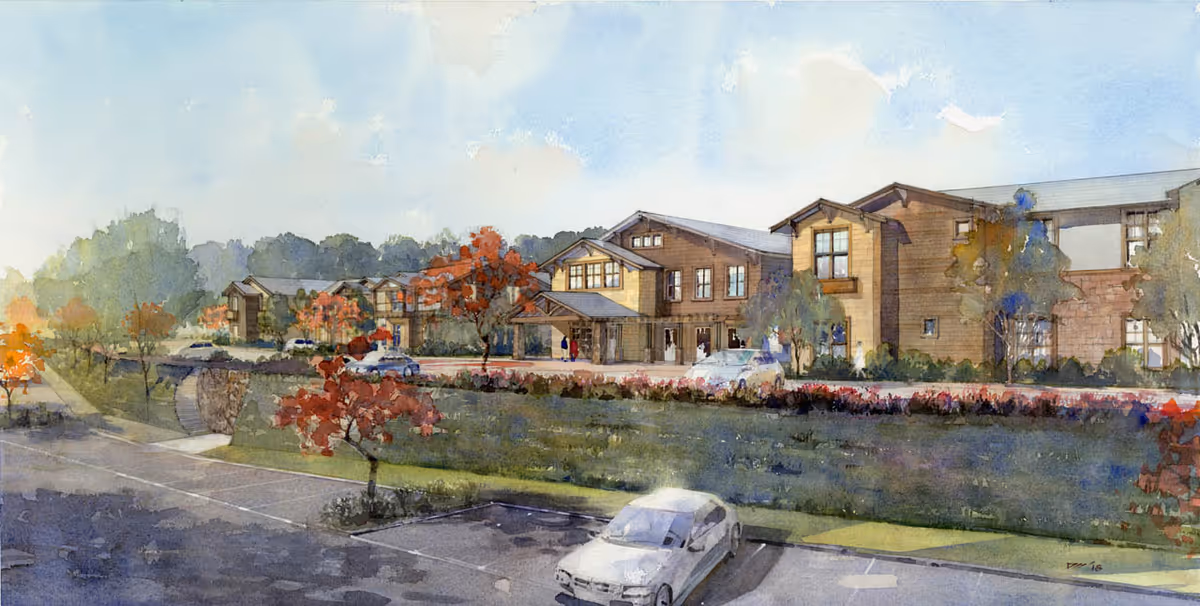 Watercolor-style rendering of the front exterior of a multi-story senior living building with landscaped grounds, parking spaces, and a car in the foreground.