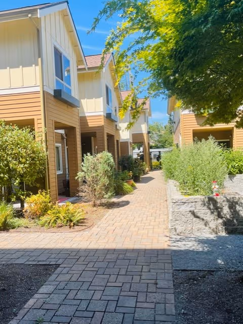 Exterior view of Columbia Gardens at Rainier Court with walkways, planters, and sunny blue sky.