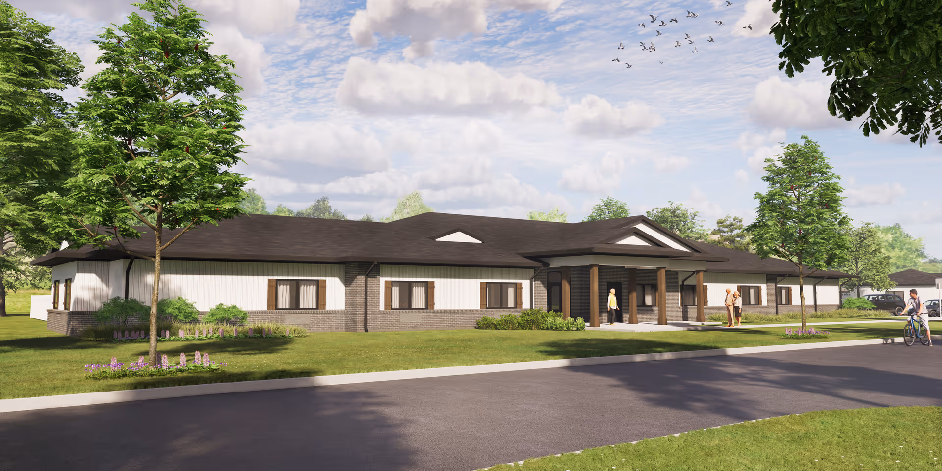 Single-story assisted living facility with a welcoming front entrance and landscaped grounds.
