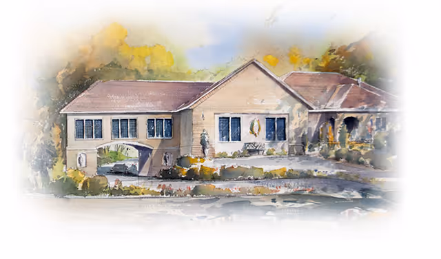 Watercolor illustration of a single-story senior living home's front exterior.