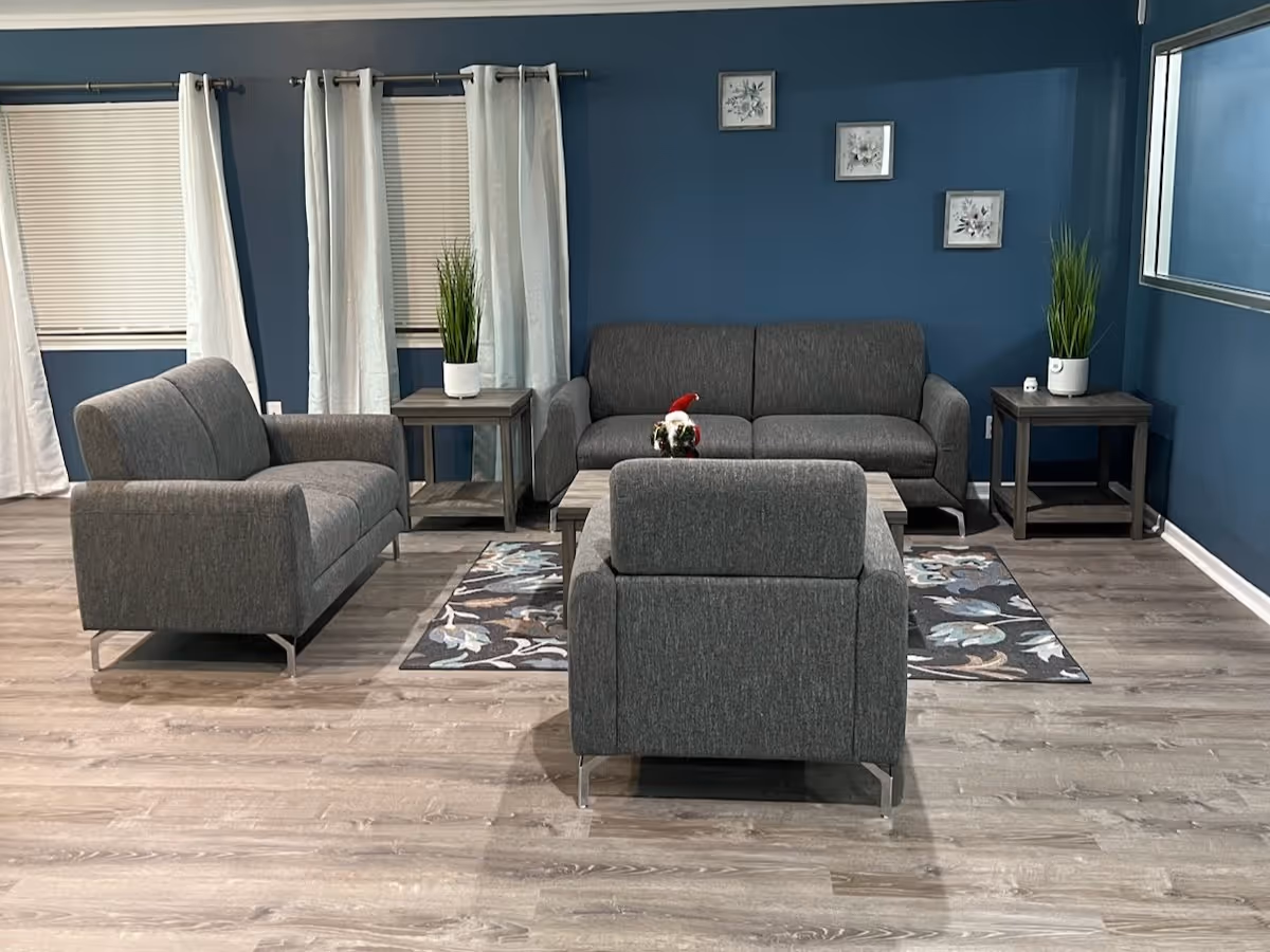Modern gray seating area with sofas, tables, plants, and blue walls in a lounge.
