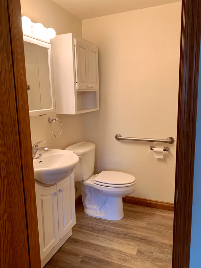 A small bathroom with a white sink and cabinet, a white toilet with a closed lid, a wall-mounted cabinet above the toilet, a mirror with lights above the sink, a towel ring, and a grab bar on the wall next to the toilet. The floor has wood-like vinyl flooring and the walls are painted beige.