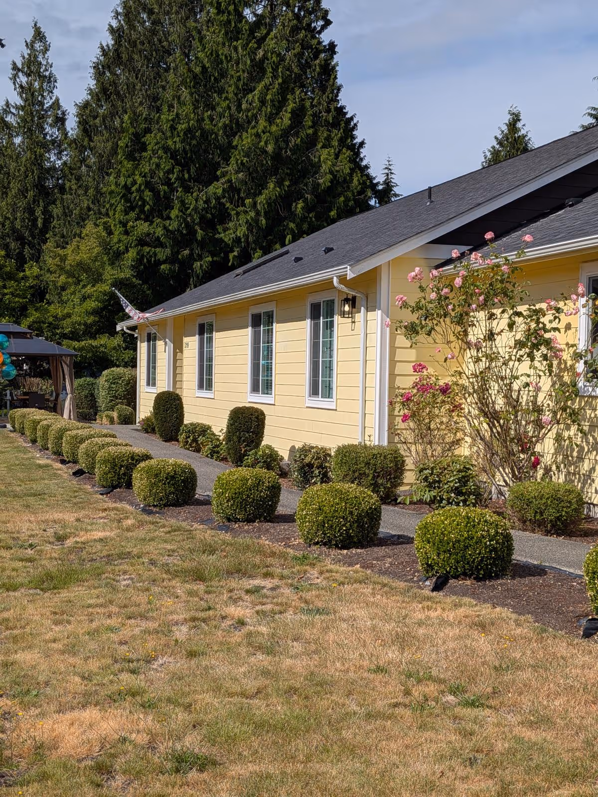 Yellow single-story senior living home with trimmed shrubs along a walkway.